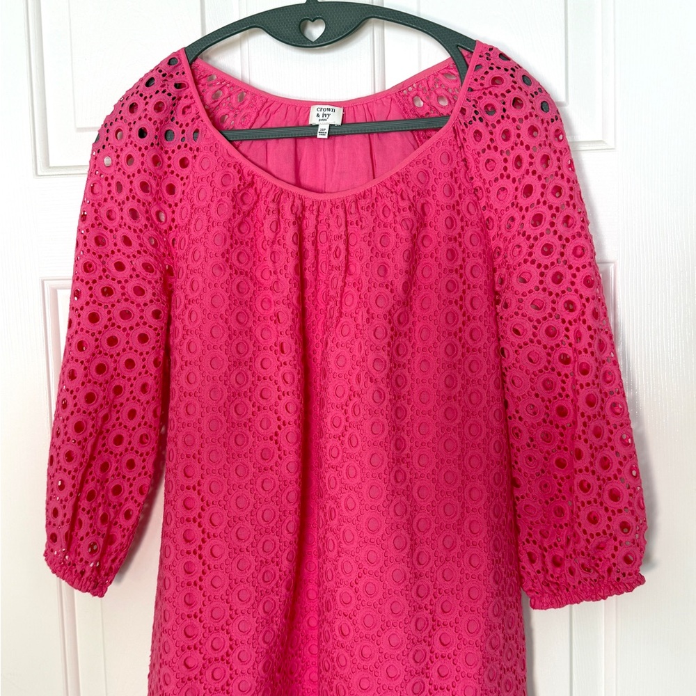 Crown & Ivy Hot Pink Eyelet Shift Dress Size 10P Cottagecore 3/4 Kentucky Derby - Picture 3 of 10